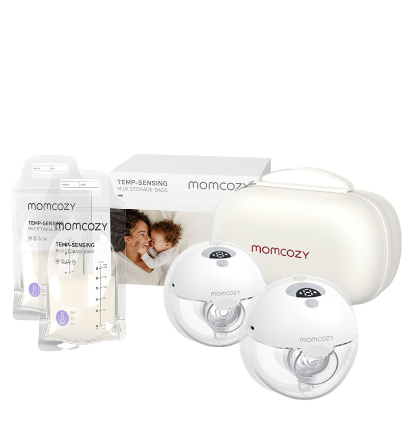 شفاط حليب الثدي القابل للارتداء Momcozy M5 (رمادي) + أكياس حفظ حليب الأم من Momcozy - 50 قطعة