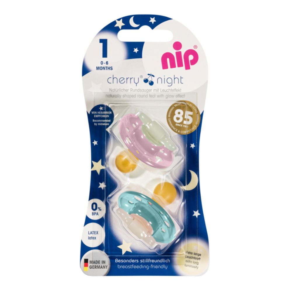 Nip Cherry Glow In The Dark Round Latex Soother - Size 1 (0m+)