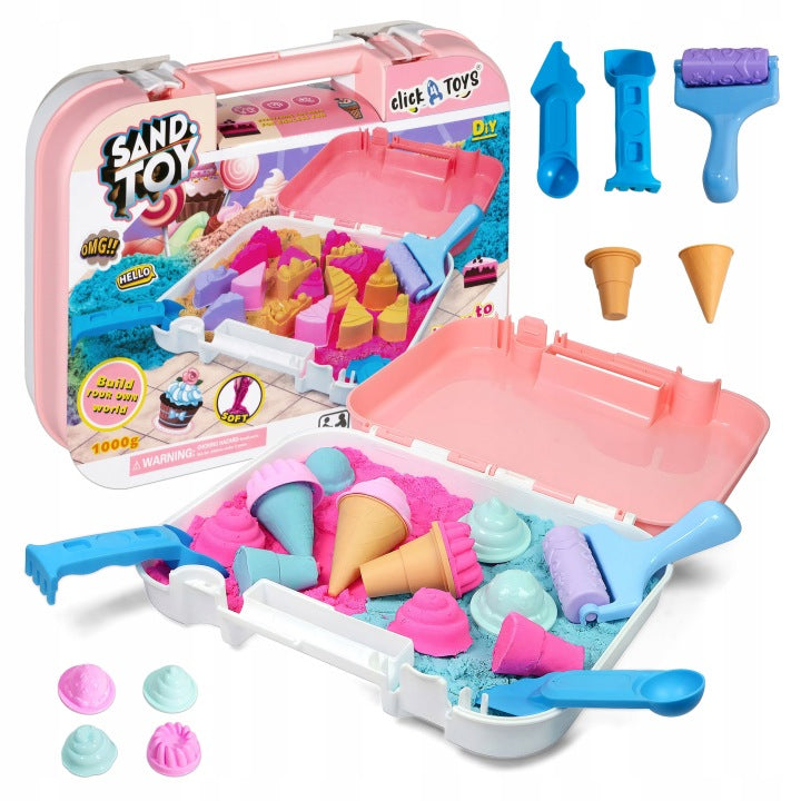 Click4TOYS - Kids Kinetic Sand Ice Cream Shop Play Set with Moulds & Storage Case - 1500g