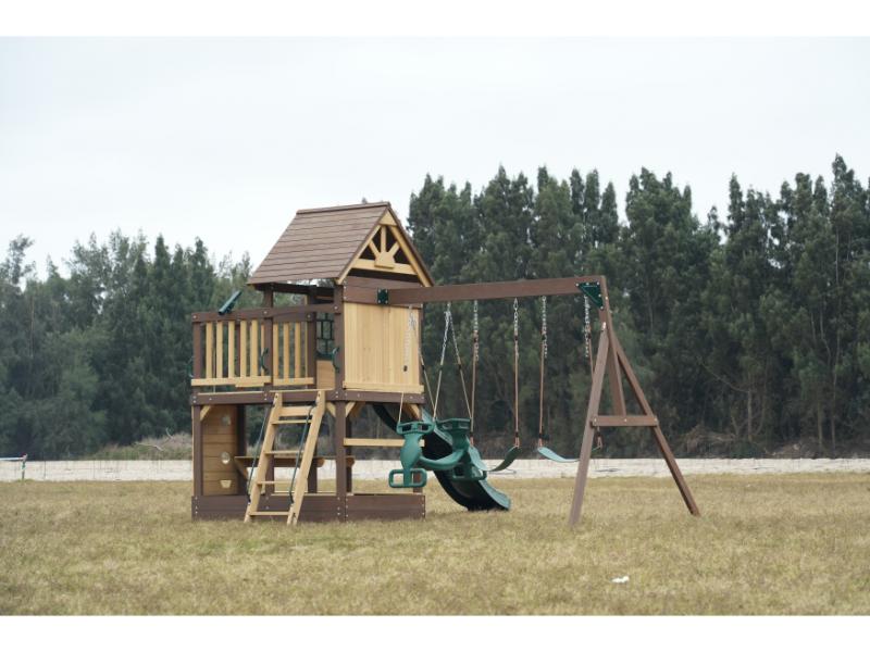 MOUNTPEAK - Mururata Wooden Outdoor Swing Set & Playhouse with Wave Slide, Climbing Wall, Sandbox & 3 Swings - Brown & Green