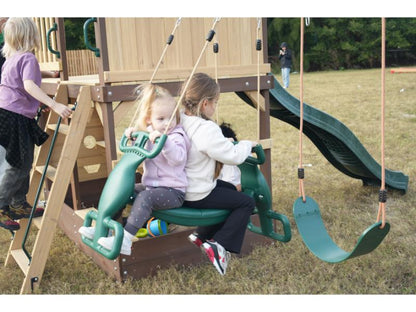 MOUNTPEAK - Mururata Wooden Outdoor Swing Set & Playhouse with Wave Slide, Climbing Wall, Sandbox & 3 Swings - Brown & Green
