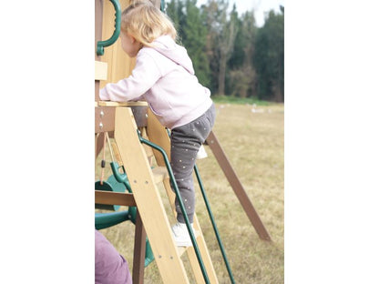 MOUNTPEAK - Mururata Wooden Outdoor Swing Set & Playhouse with Wave Slide, Climbing Wall, Sandbox & 3 Swings - Brown & Green