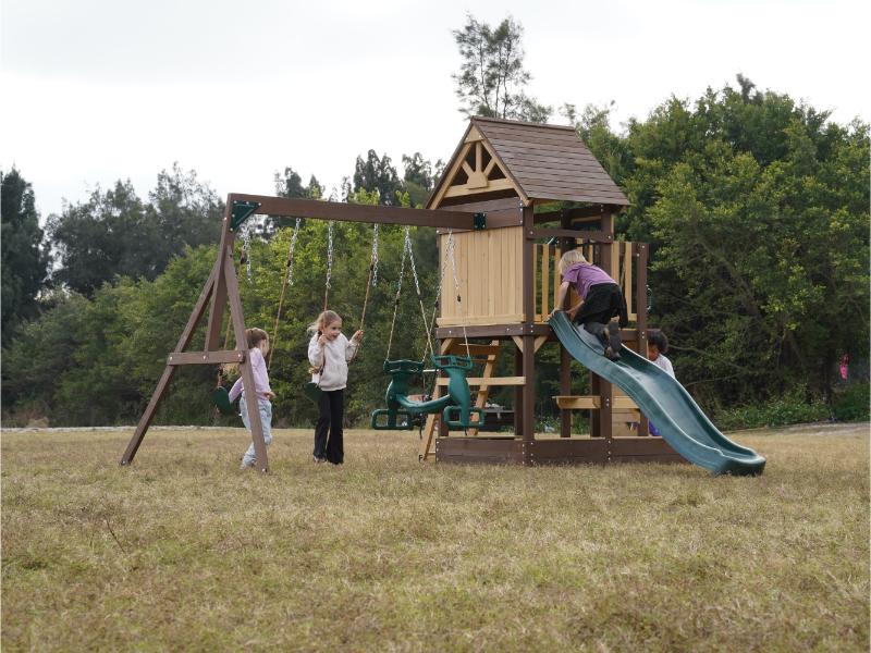 MOUNTPEAK - Mururata Wooden Outdoor Swing Set & Playhouse with Wave Slide, Climbing Wall, Sandbox & 3 Swings - Brown & Green
