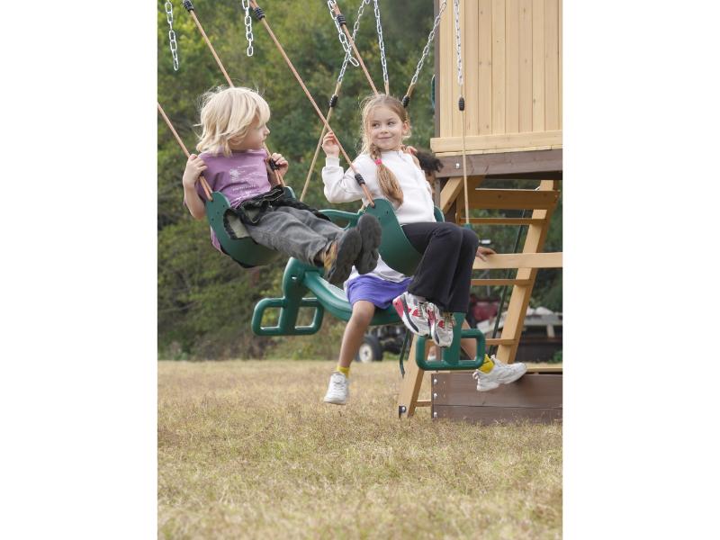 MOUNTPEAK - Mururata Wooden Outdoor Swing Set & Playhouse with Wave Slide, Climbing Wall, Sandbox & 3 Swings - Brown & Green