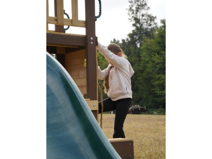 MOUNTPEAK - Mururata Wooden Outdoor Swing Set & Playhouse with Wave Slide, Climbing Wall, Sandbox & 3 Swings - Brown & Green