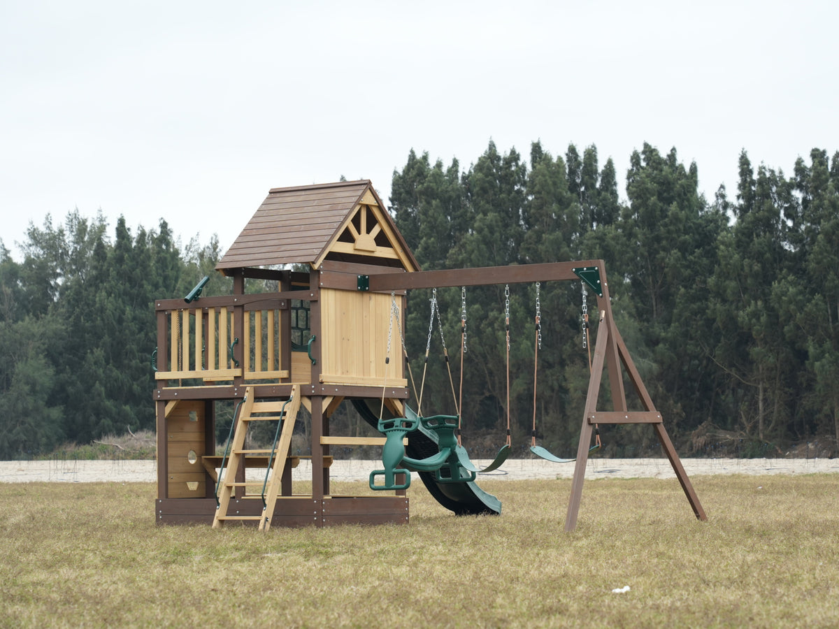 MOUNTPEAK - Mururata Wooden Outdoor Swing Set & Playhouse with Wave Slide, Climbing Wall, Sandbox & 3 Swings - Brown & Green
