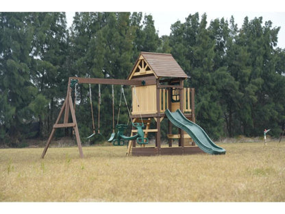 MOUNTPEAK - Mururata Wooden Outdoor Swing Set & Playhouse with Wave Slide, Climbing Wall, Sandbox & 3 Swings - Brown & Green