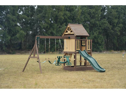 MOUNTPEAK - Mururata Wooden Outdoor Swing Set & Playhouse with Wave Slide, Climbing Wall, Sandbox & 3 Swings - Brown & Green