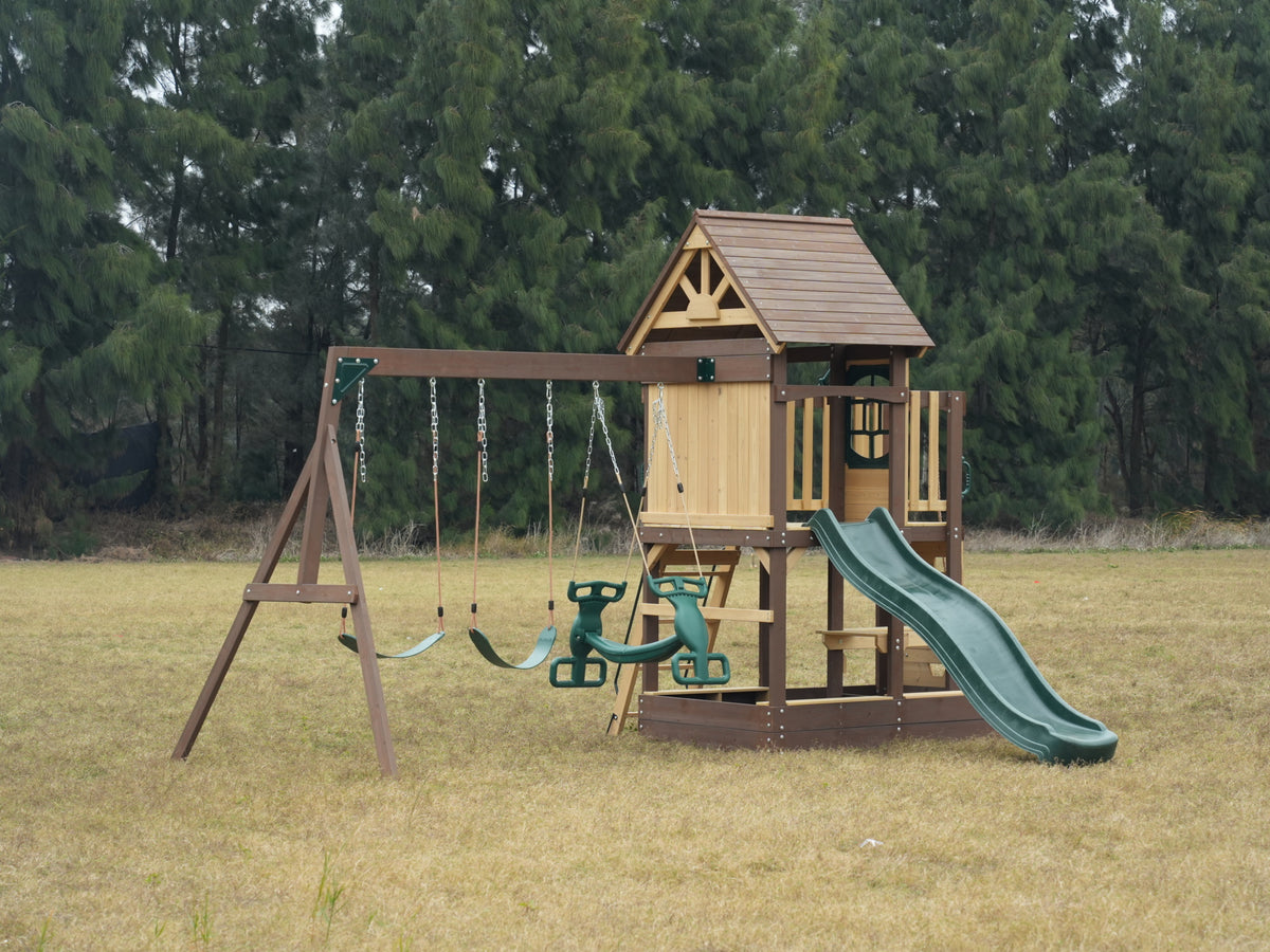 MOUNTPEAK - Mururata Wooden Outdoor Swing Set & Playhouse with Wave Slide, Climbing Wall, Sandbox & 3 Swings - Brown & Green