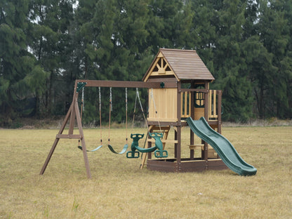 MOUNTPEAK - Mururata Wooden Outdoor Swing Set & Playhouse with Wave Slide, Climbing Wall, Sandbox & 3 Swings - Brown & Green