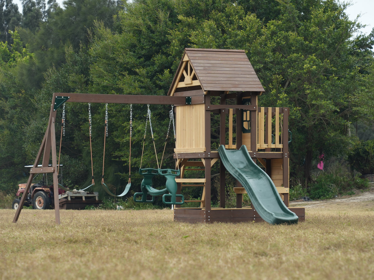 MOUNTPEAK - Mururata Wooden Outdoor Swing Set & Playhouse with Wave Slide, Climbing Wall, Sandbox & 3 Swings - Brown & Green