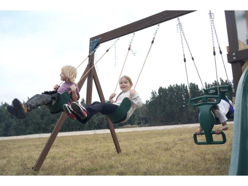 MOUNTPEAK - Mururata Wooden Outdoor Swing Set & Playhouse with Wave Slide, Climbing Wall, Sandbox & 3 Swings - Brown & Green