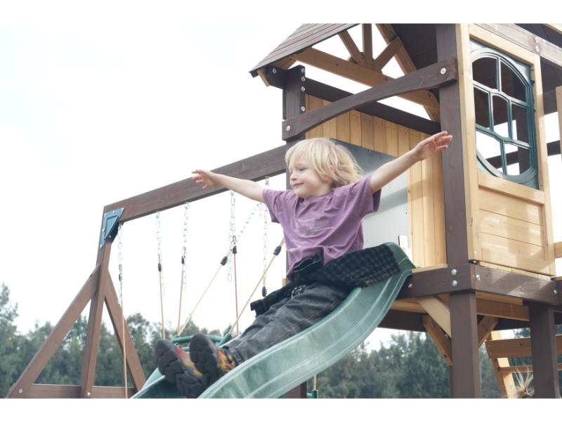 MOUNTPEAK - Mururata Wooden Outdoor Swing Set & Playhouse with Wave Slide, Climbing Wall, Sandbox & 3 Swings - Brown & Green