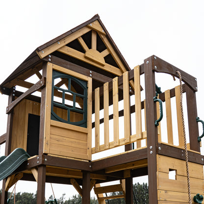 MOUNTPEAK - Mururata Wooden Outdoor Swing Set & Playhouse with Wave Slide, Climbing Wall, Sandbox & 3 Swings - Brown & Green