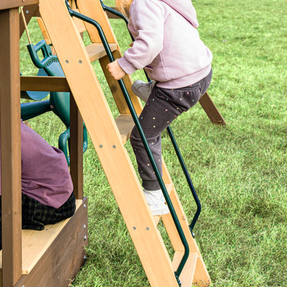 MOUNTPEAK - Mururata Wooden Outdoor Swing Set & Playhouse with Wave Slide, Climbing Wall, Sandbox & 3 Swings - Brown & Green