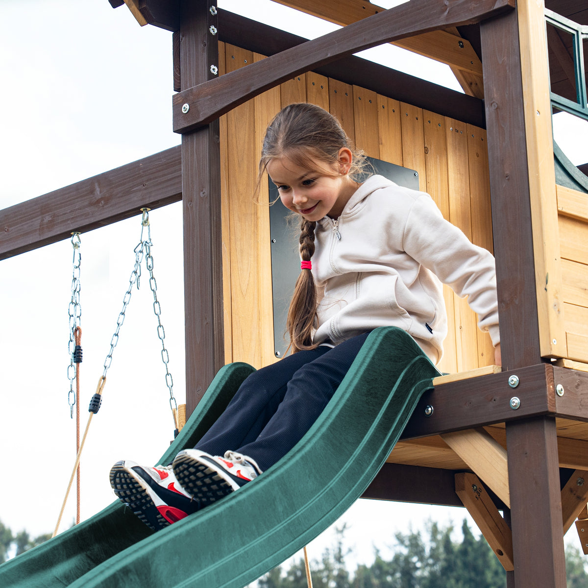 MOUNTPEAK - Mururata Wooden Outdoor Swing Set & Playhouse with Wave Slide, Climbing Wall, Sandbox & 3 Swings - Brown & Green