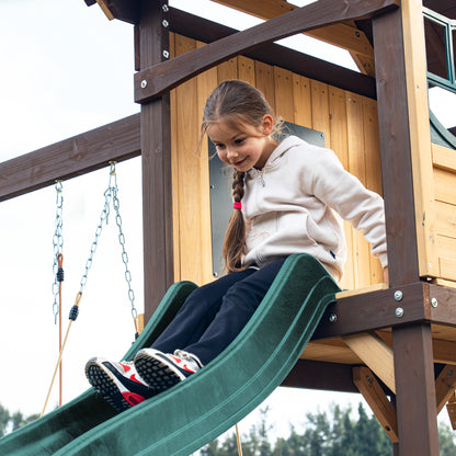 MOUNTPEAK - Mururata Wooden Outdoor Swing Set & Playhouse with Wave Slide, Climbing Wall, Sandbox & 3 Swings - Brown & Green