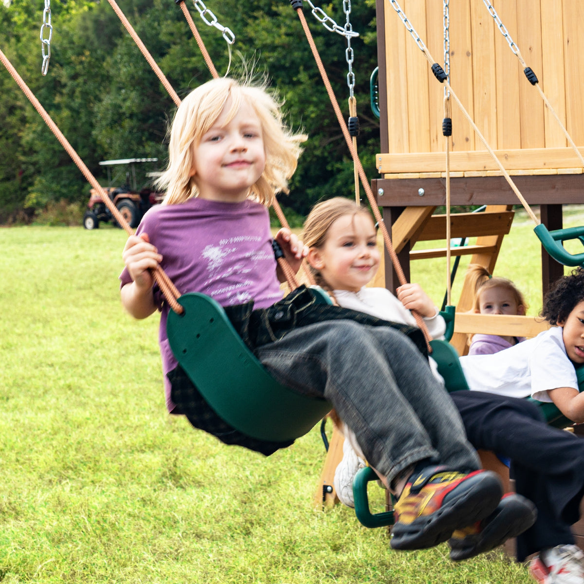MOUNTPEAK - Mururata Wooden Outdoor Swing Set & Playhouse with Wave Slide, Climbing Wall, Sandbox & 3 Swings - Brown & Green