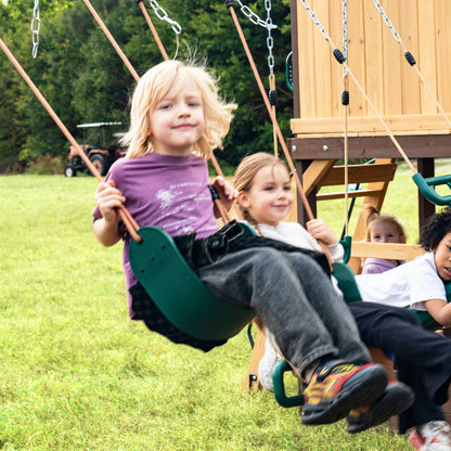 MOUNTPEAK - Mururata Wooden Outdoor Swing Set & Playhouse with Wave Slide, Climbing Wall, Sandbox & 3 Swings - Brown & Green