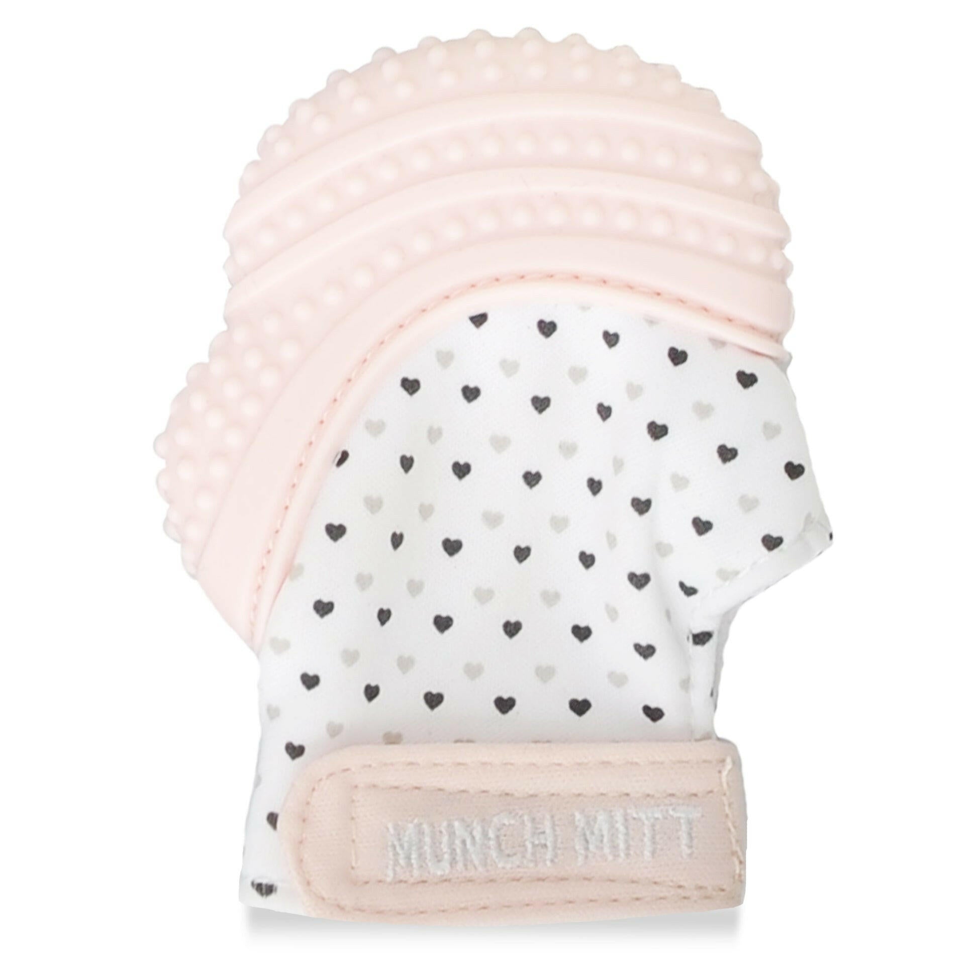 Munch Mitt Teething Mitten - Hearts - Pastel Pink.