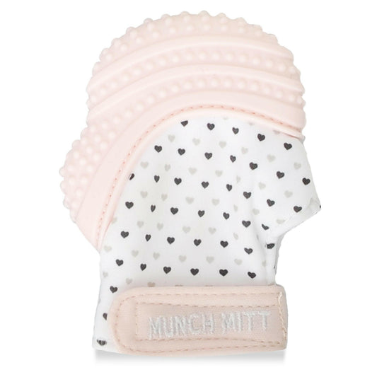 Munch Mitt Teething Mitten - Hearts - Pastel Pink.