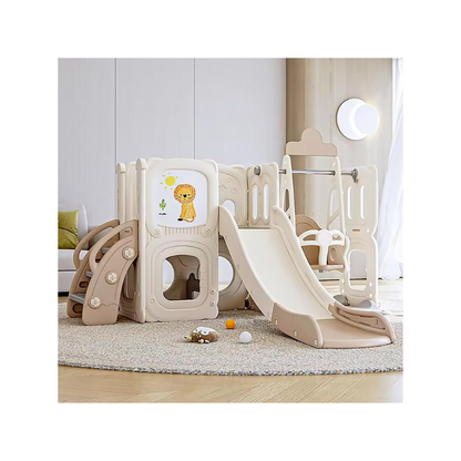 Little Toddlers Playground With Climber, Upper Deck Lower Storage, Drawing Board, Slide And Height Adjust Swing Set, Cofee Off White)