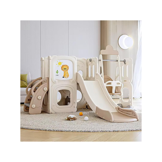 Little Toddlers Playground With Climber, Upper Deck Lower Storage, Drawing Board, Slide And Height Adjust Swing Set, Cofee Off White)