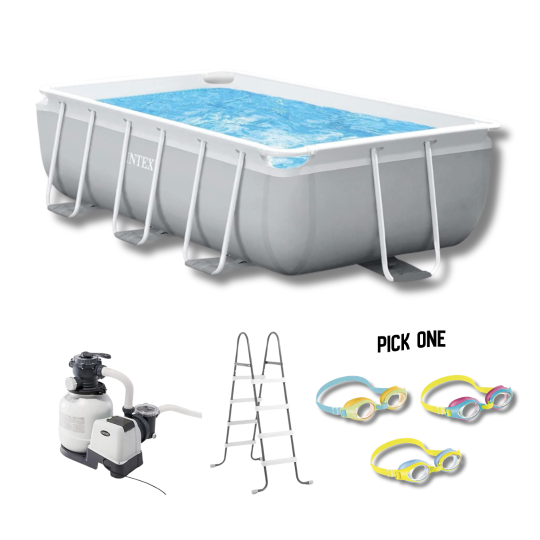 طقم مسبح مستطيل بإطار منشوري من إنتكس (3m x 1.75m x 80cm) مع نظارات سباحة للأطفال من إنتكس