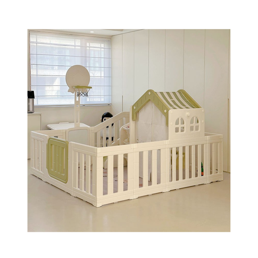 Little Toddlers Little Toddler Amusement Park With Kids' Playhouse, Slide, Basketball Hoop - Storage Bins -Mint Green - Off White