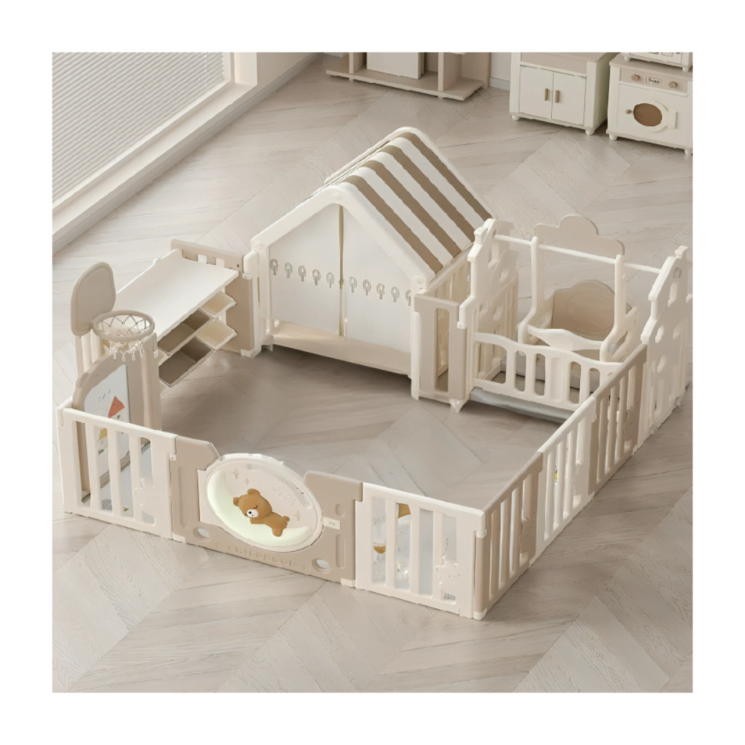 Little Toddlers Bear Moon Playpen (No Mat), Drawing Board, Basketball Hoop, Small House, Swing - Slide, White - Biege
