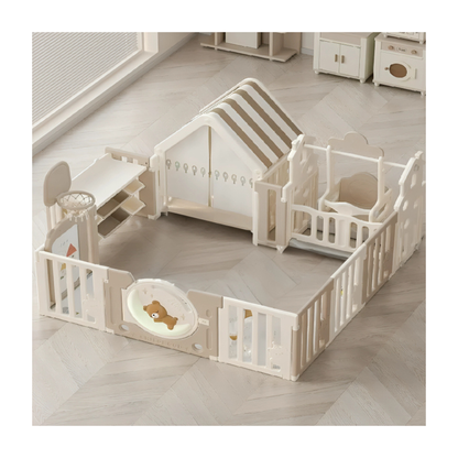 Little Toddlers Bear Moon Playpen (No Mat), Drawing Board, Basketball Hoop, Small House, Swing - Slide, White - Biege