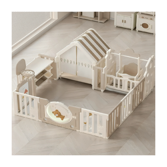 Little Toddlers Bear Moon Playpen (No Mat), Drawing Board, Basketball Hoop, Small House, Swing - Slide, White - Biege