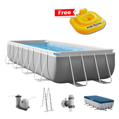 Intex Prism Frame Rectangular Pool Set With Ground Cloth, Cover Filter Pump & Safety Ladder (4.88mx2.44mx1.07m) With Free Intex Deluxe Baby Float Pool School