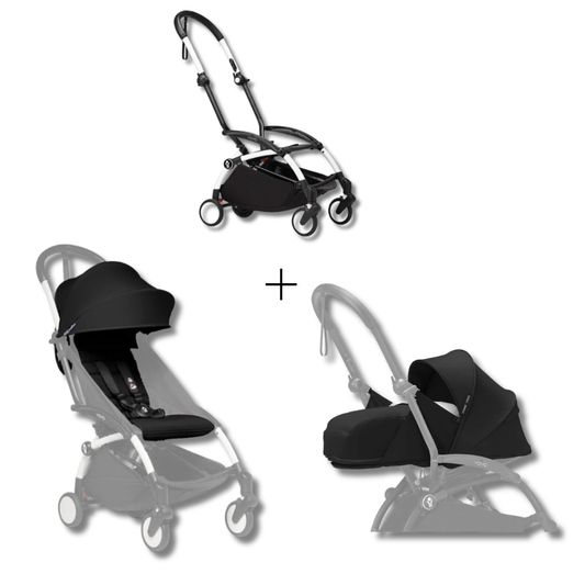 هيكل Stokke YOYO3 أبيض + حزمة طقم للمواليد الجدد و 6+ (أسود)