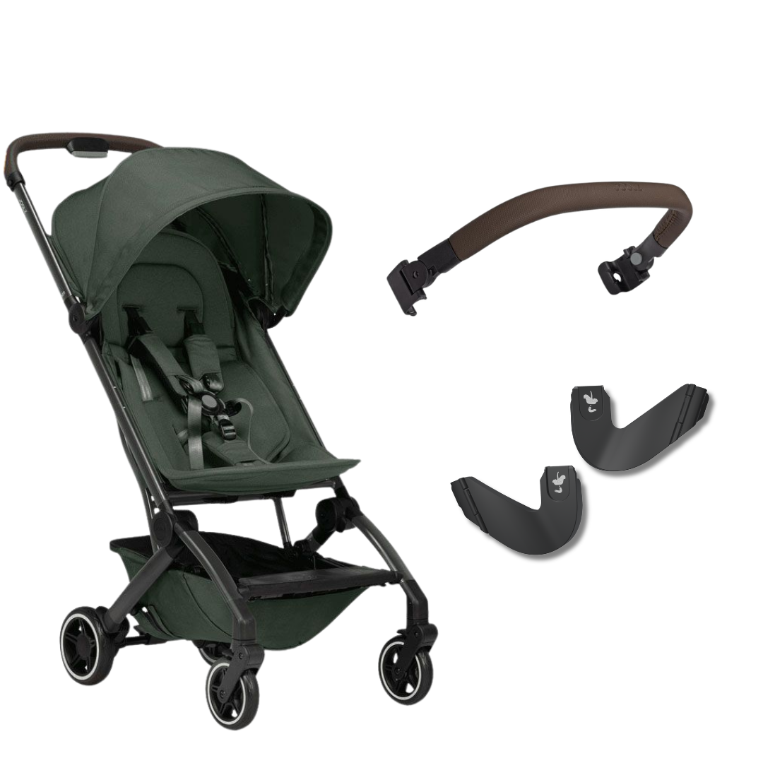 Joolz Aer+ Stroller Forest Green & Mid Brown Carbon Bumper Bar & Black Car Seat Adapters