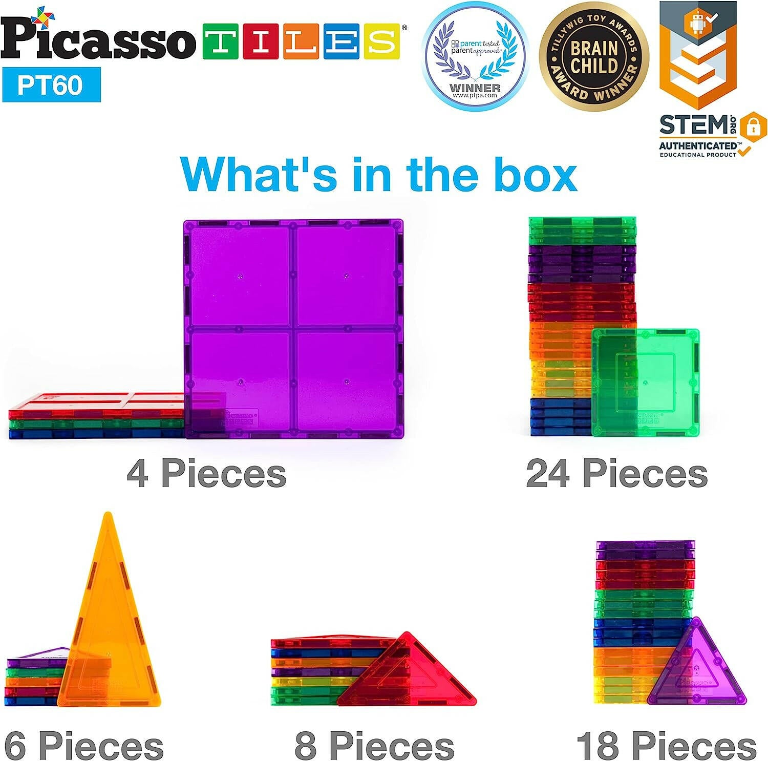 Picasso Tiles 60 Pieces Set Magnet Building Tiles Clear Magnetic 3D Building Blocks Construction Playboards - Creativity beyond Imagination, Inspirational, Recreational, Educational, Conventional.