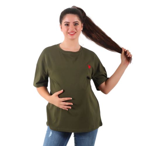 Become a Mom Mama Heart Short Sleeve Tee (Olive Deep, Medium)