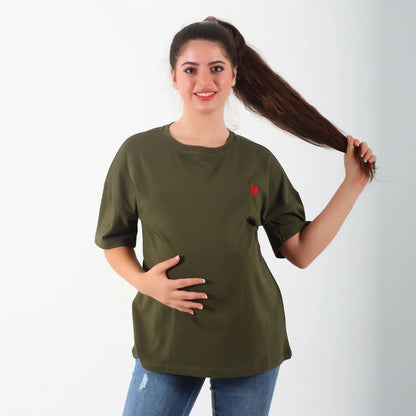 Become a Mom Mama Heart Short Sleeve Tee (Olive Deep, Medium)