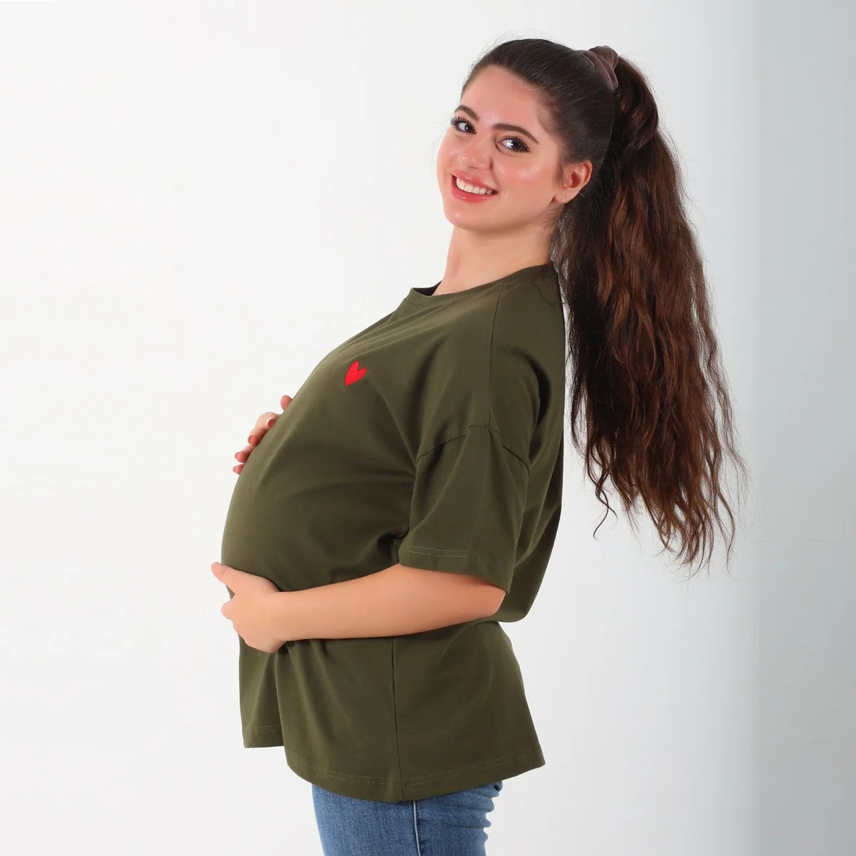 Become a Mom Mama Heart Short Sleeve Tee (Olive Deep, Medium)