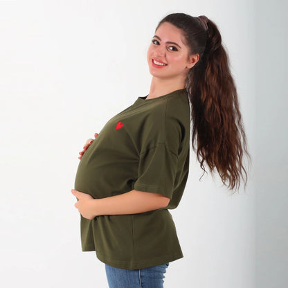 Become a Mom Mama Heart Short Sleeve Tee (Olive Deep, Medium)