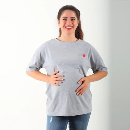 Become a Mom Mama Heart Short Sleeve Tee (Grey, Medium)