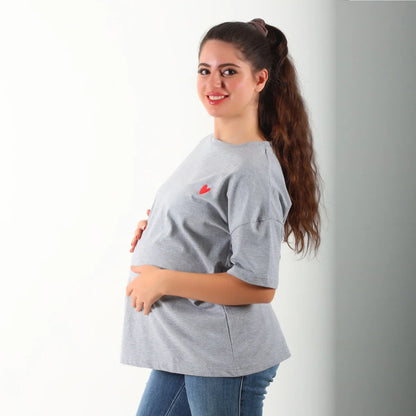 Become a Mom Mama Heart Short Sleeve Tee (Grey, Medium)