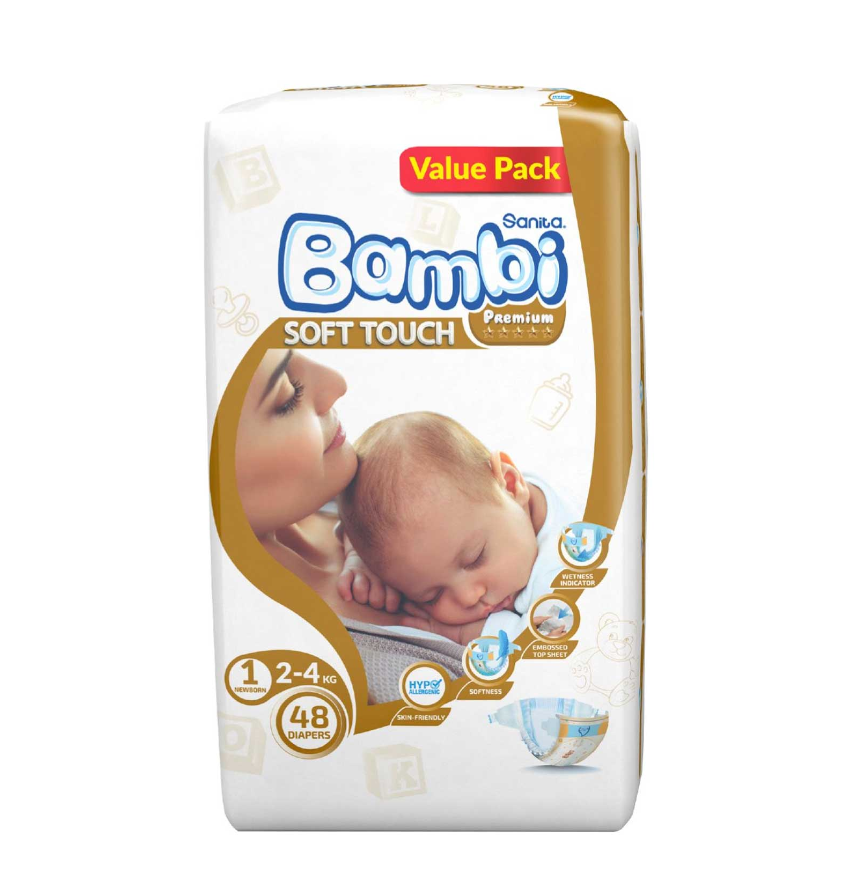 Sanita Bambi Baby Diaper Soft Touch Premium, Newborn/Size Value Pack, 48pcs