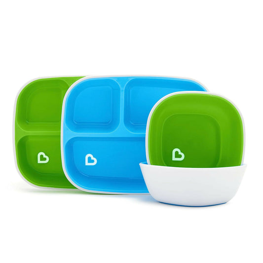 Munchkin Splash 4 Piece Toddler Divided Plate and Bowl Dining Set, Blue/Green.