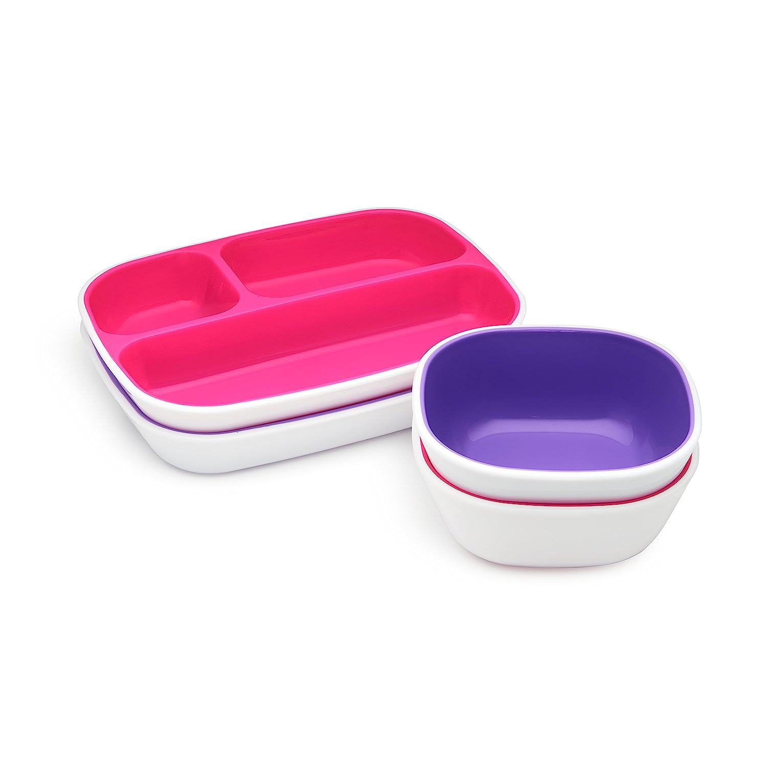 Munchkin Splash 4 Piece Toddler Divided Plate and Bowl Dining Set, Pink/Purple.