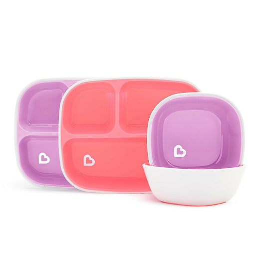 Munchkin Splash 4 Piece Toddler Divided Plate and Bowl Dining Set, Pink/Purple.