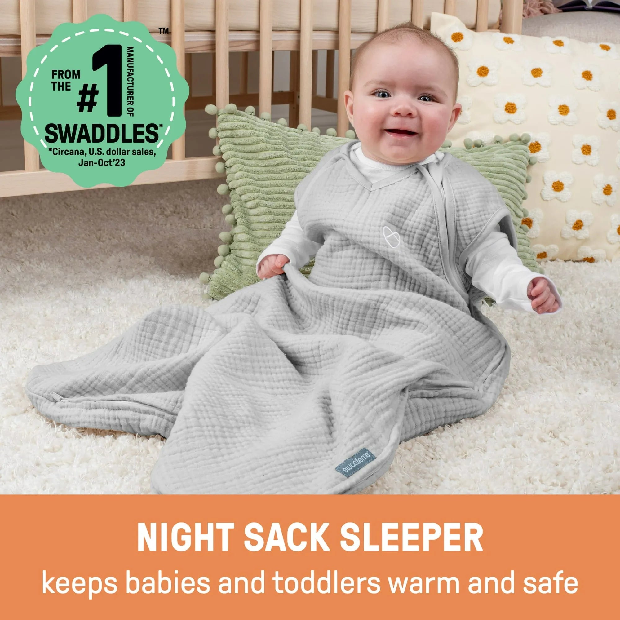 SwaddleMe by Ingenuity Night Sack Sleeper 1-Pack - Muslin Moss (3-18 Months, 1.5 TOG)