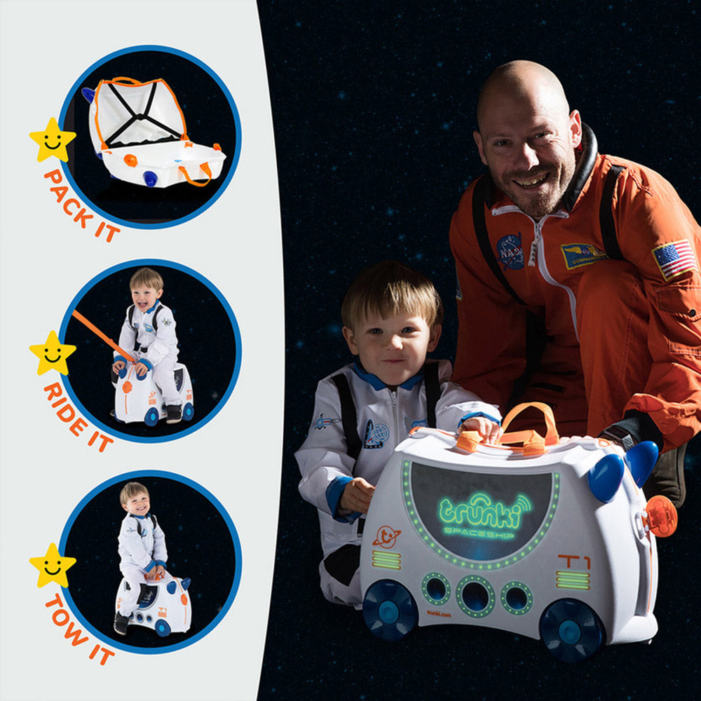 Trunki Ride-On Kids Suitcase Glow In The Dark (Skye Space Ship White)