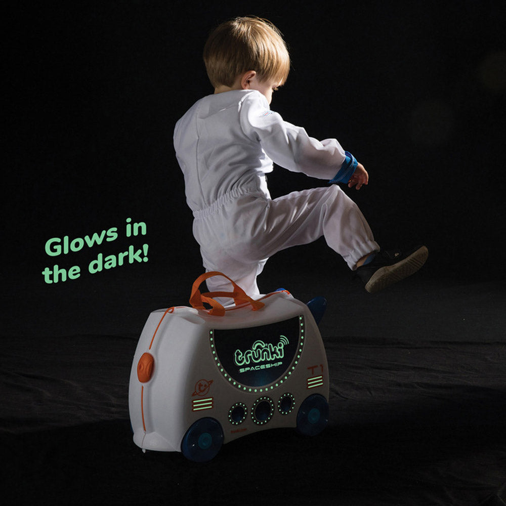 Trunki Ride-On Kids Suitcase Glow In The Dark (Skye Space Ship White)