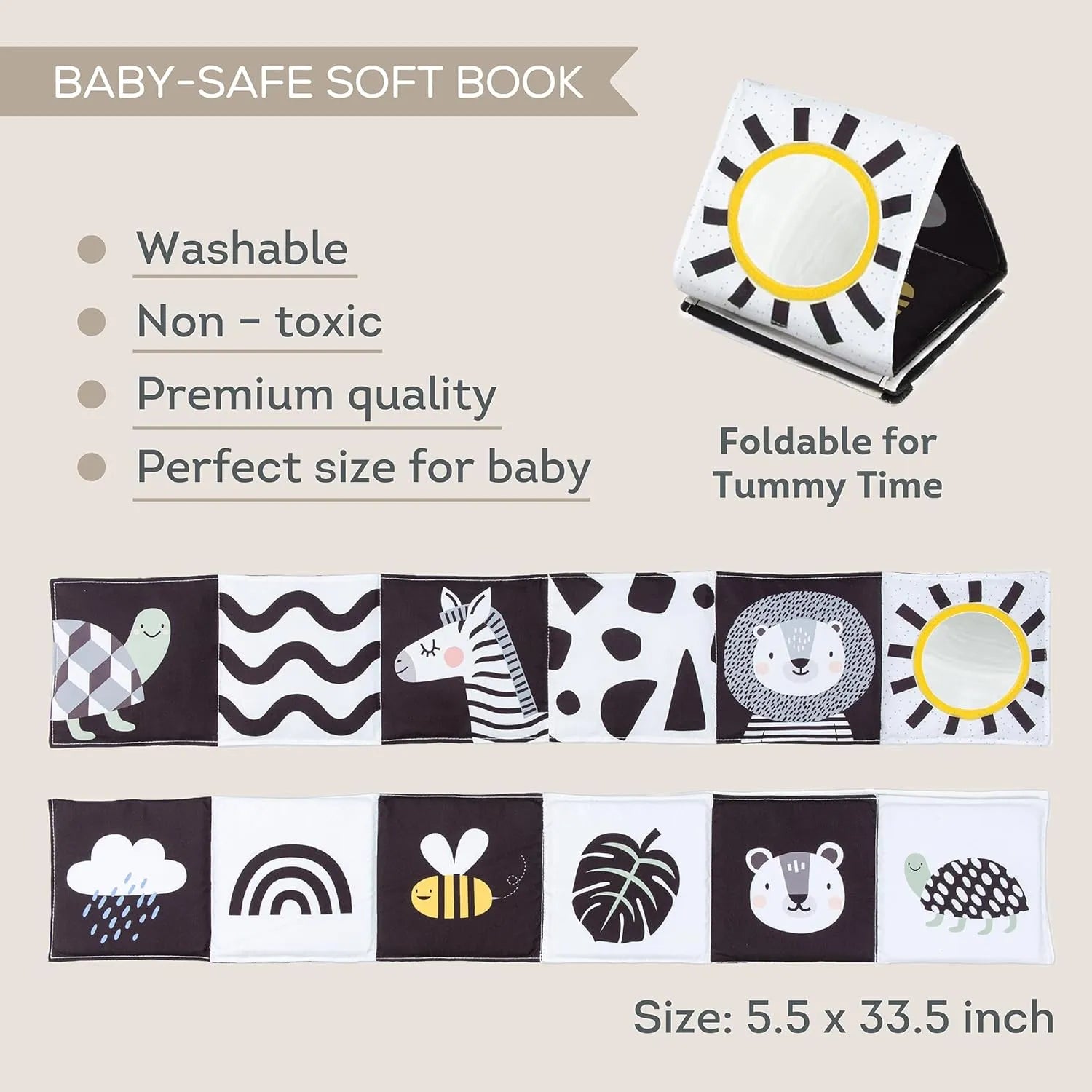 Taf Toys Infant Tummy Time Soft Crinkle Activity Book - Savannah Black & White